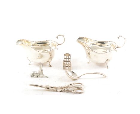 Pair of silver sauceboats, A. D. Brothers Limited, Birmingham, probably 1926, beaded outlines, flying scroll handles, 6oz in 
