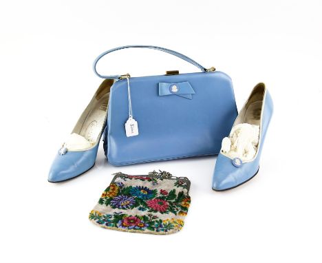 Rayne vintage high heeled court shoes in pale blue with Wedgwood Jasper ware heel and matching snap top handbag, with matchin