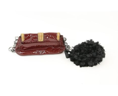 Prada handbag in patent leather in burgundy and beige with part silver chain strap and 1960s Balenciaga headpiece in black an