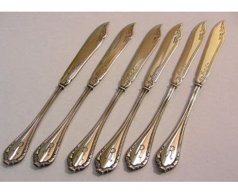 Art Nouveau 800 Silver 6pcs Fish Knife Set by M.H. Wilkens & Sohne, Bremen, Germany, Circa 1900.The Six fish knives (length: 