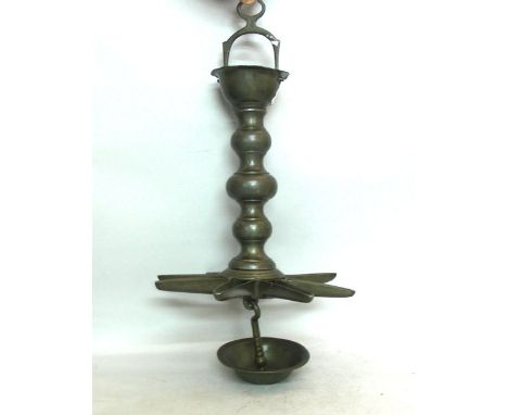 German Pewter Hanging Sabbath Lamp, Wurttemberg, Ca 1800, Judaica.The massive pewter lamp of elaborate form, baluster stem an