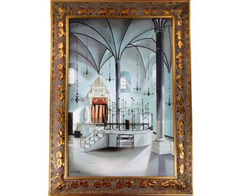 R. Didernik Oil on Canvas Synagogue Interior Painting.Signed – R. Didernik.Oil on Canvas.Measures: 89cm X 58cm / 35in X 22.83