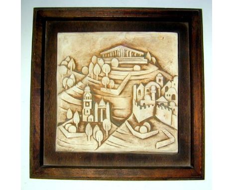 Eliezer Weishoff Jerusalem Landscape Ceramic Relief, Israel, 1960s, Judaica.Wooden frame.30cm X 30cm. / 11.8in X 11.8in.Start