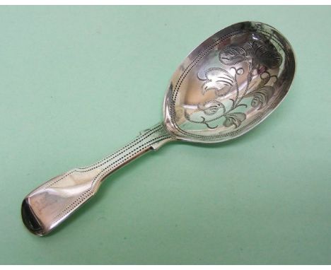 Sterling Silver Caddy Spoon, Joseph Read, London, England, 1823.The bowl is engraved with foliate ornaments, fiddle pattern h