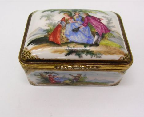 Gilt Metal Mounted Porcelain Rectangular Snuff Box, Circa 1880.The cover, base, sides and inside cover with polychrome painte