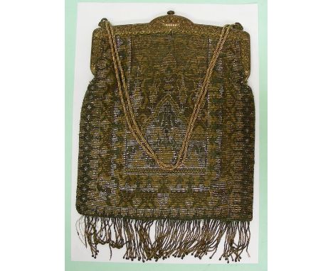 Art Nouveau Micro Beaded Purse Handbag, France, Circa 1925.Gilt chain.Gilt decorated clasp.23cm X 20cm / 9in X 7.87in.Startin
