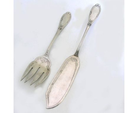 Art Nouveau 800 Silver Fish Serving Set by Wilhelm Muller, Berlin, Germany, Circa 1900.Comprising a fish serving knife and fo