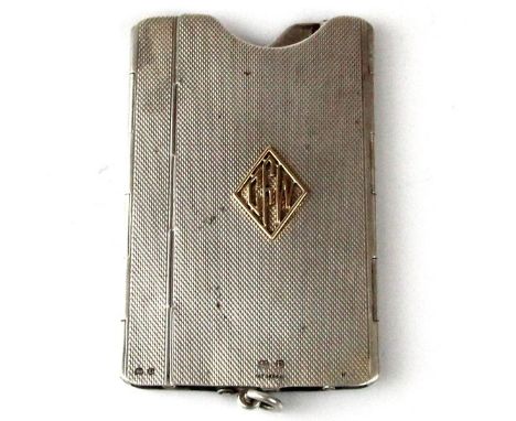 Novelty Art Deco Sterling Silver Sprung Card Case, Deakin & Francis, Birmingham, England, 1928.Of rectangular form with engin