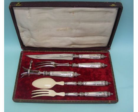 Sterling Silver 5pcs Meat Carving Set, Louis Ravinet & Charles Denfert, Paris, France, Circa 1890.Comprising-Meat carving kni