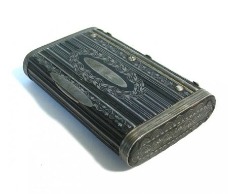 Silver Mounted Wood Snuff Box, Circa 1832.Quality work case decorated with inlaid silver floral, foliate and stripes ornament