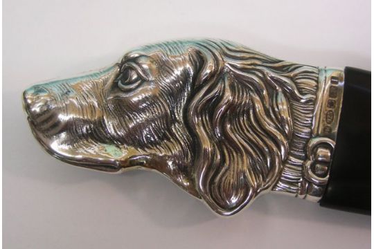 Novelty Sterling Silver Mounted Black Bakelite Dog Head Letter Opener Silver Hound Dog Head Mount