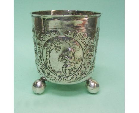 Rare Antique Danish Silver Beaker By Jacob Sorensen, Copenhagen, 1699.Of slightly tapering cylindrical form with three ball s