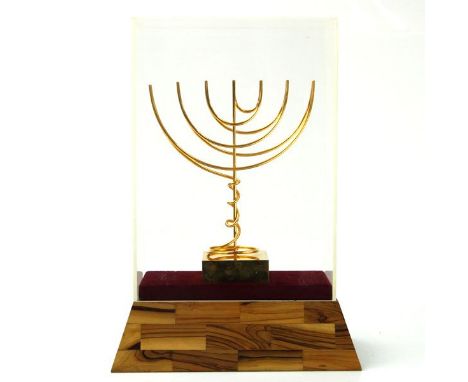 24k Gold Plated Brass Yaacov Agam Menorah Sculpture, Judaica.The seven light menorah is set on a square base and made of 24k 
