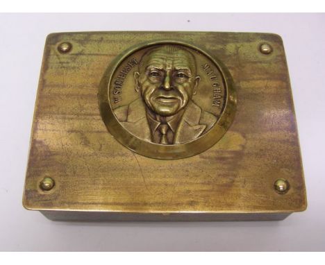 William Somerset Maugham Rectangular Brass Stamp Box, Germany, Circa 1940.Applied with a portrait of William Somerset Maugham