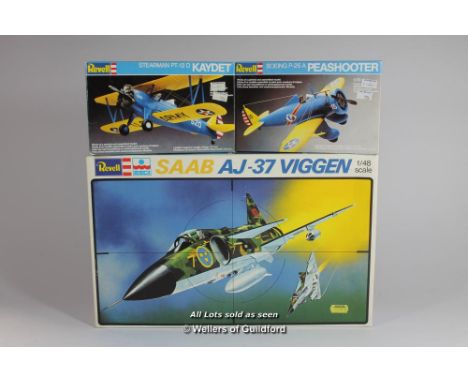 Revell model kits,  1:48 scale Saab AJ-37 Viggen fighter jet H-2244, 1979, with two 1:72 scale planes Stearman PT-13 Kaydet a