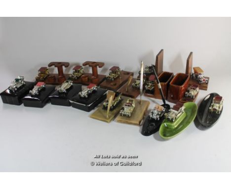Matchbox Lesney "Giftware Range" assorted die-cast metallic, plated cars mounted on ceramic and wooden  pen holders, boxes an