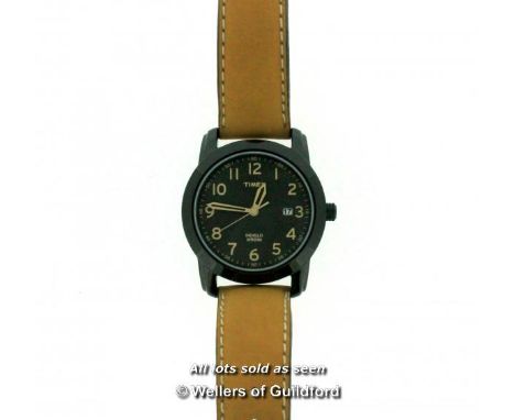 *Gentlemen's Timex Indiglo wristwatch, circular black dial with Arabic numerals and date aperture, on tan leather strap, boxe