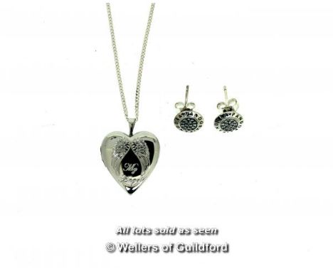 *Pair of Pandora ear studs, and a silver heart locket necklace (Lot subject to VAT)