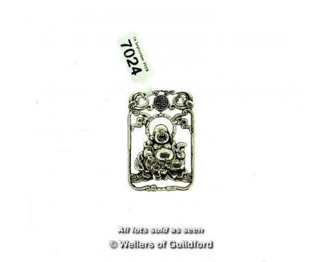 Silver coloured pendant of laughing Buddha, 30mm x 45mm