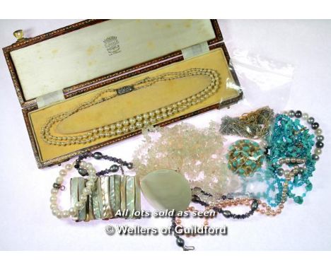 *Selection of costume jewellery, imitation pearl necklace with silver clasp, boxed (Lot subject to VAT)