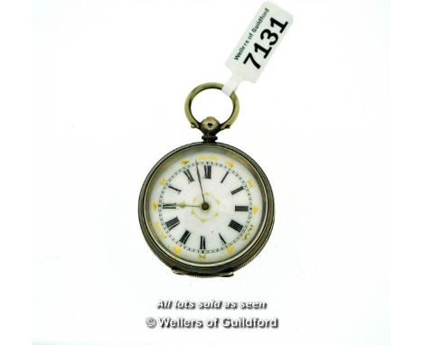 Ladies' 800 silver pocket watch, white enamel dial with Roman numerals and gold coloured detail
