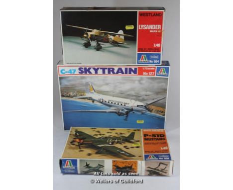 Italaerei model kits, to include 1:72 scale C-47 Sky Train no.127, 1:48 scale Westland Lysander Mk 3 no.804 and 1:48 scale No