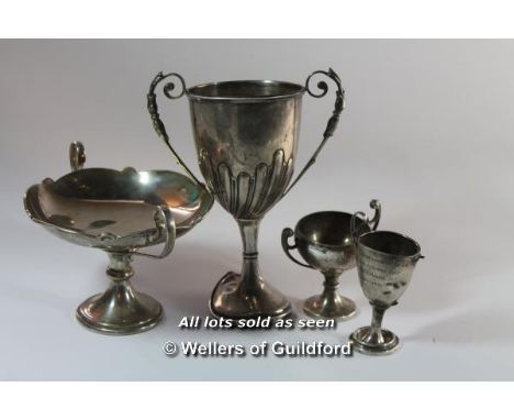 *Silver twin handled pedestal dish, two silver cups, 400g; silver plated cup.