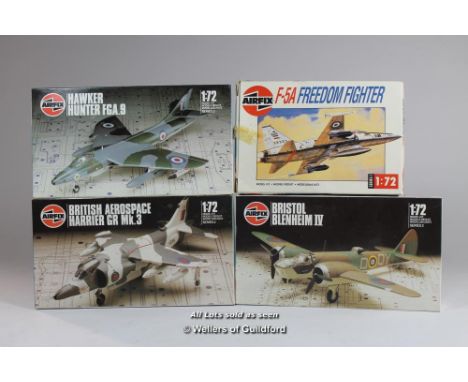 Airfix, a group of four 1980's series 1&amp;2  1:72 scale  model kits, Hawker Hunter 02073, Harrier GR MK.3 02072, Bristol Bl