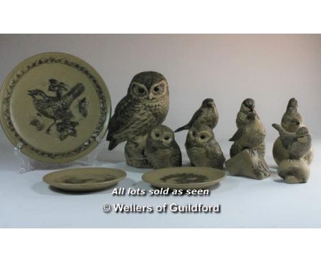 Poole Pottery: eight stoneware birds including an owl, 18cm, and three similar plates.