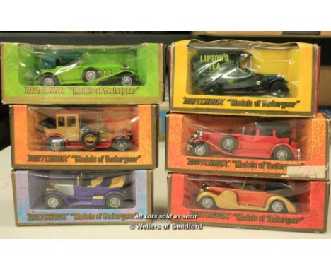 Vintage Matchbox Lesney "Models of Yesteryear" die-cast cars including 1930 Lagonda Coupe, 1912 Rolls Royce Y-7 and 1914 Prin