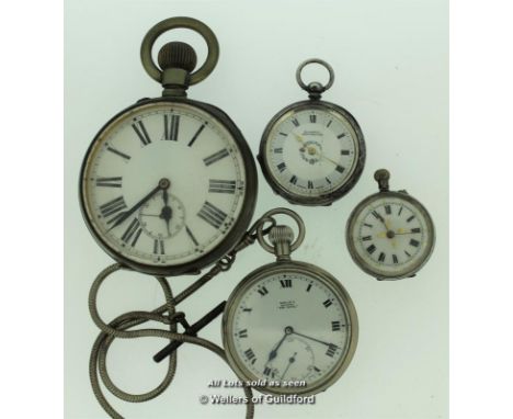 Four vintage pocket watches, including a ladies' silver pocket watch with white enamel dial with a floral design and Roman nu