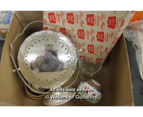 Queen Anne silver plated cake stand with original box, three Royal Worcester Spode game series bowls, two small 24kt gold edg