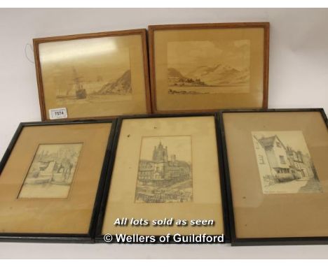 Five small pictures, two watercolours signed J Palour with three prints of Norwich
