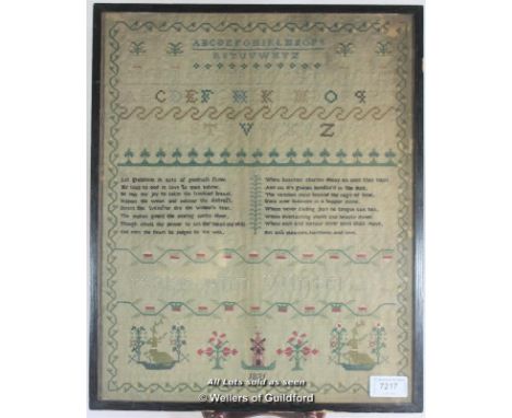 An alphabet and verse sampler by Mary Ann Winter, age 8, dated 1821, 39 x 31.5cm.