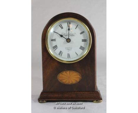A modern inlaid mahogany mantle clock by Knight &amp; Gibbins, London.