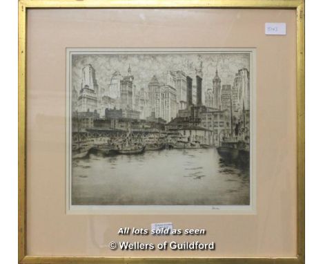 Vintage etching of New York city docks, signed indistinctly in pencil, 28 x 32.5cm.