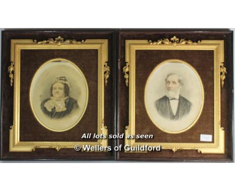 A pair of photographic portrait prints in ornate velvet lined gilt decorated frames, the frames 44 x 39cm overall.