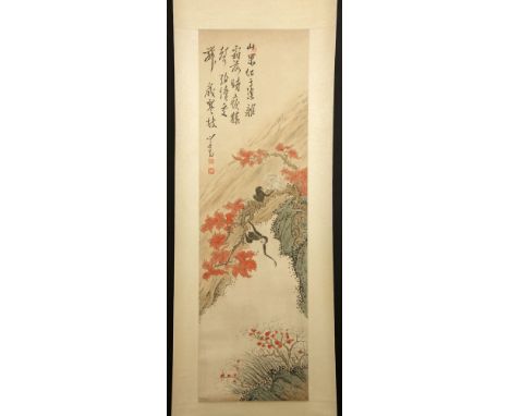 Chinese water color scroll painting, depicting monkey among red maple tree, signed Xinyu, 40" h x 12" w (view). 