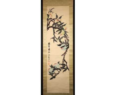 Chinese water color scroll painting, early 20th century, depicting birds and flowers, signed Jiu Long Shan Ren, 51 1/2" h x 1