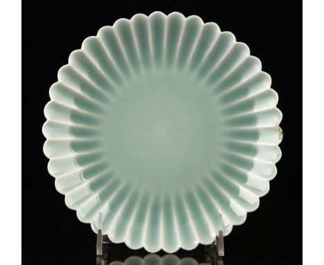 Chinese light blue glazed plate, in the shape of chrysanthemum flower, 7 1/2" dia. Chip on rim.