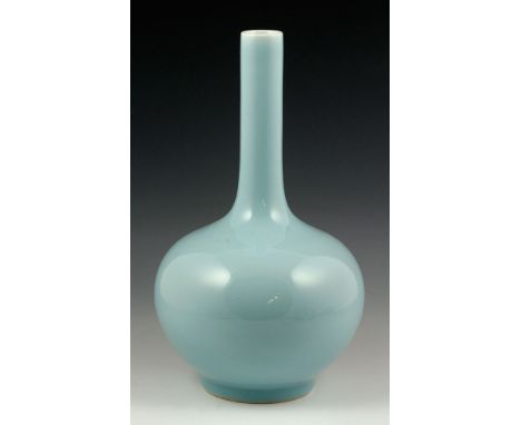 Chinese light blue glazed flask vase, ball shaped body, with Qing Qianlong mark on base, 11 1/2" h. 