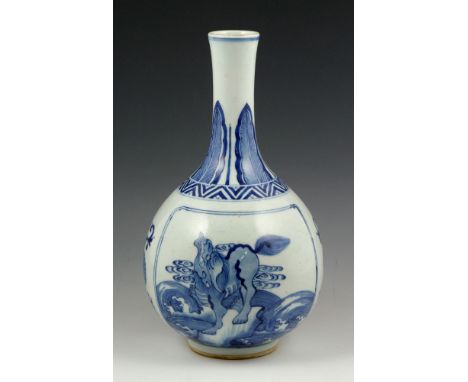 Chinese blue and white vase, decorated with banana leaves on neck, sea monsters on body, Kangxi mark on base, 11" h. 