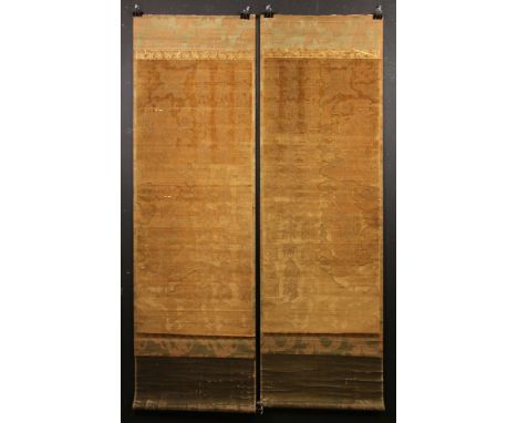 Two Chinese Shou embroidery scroll, 16-17th century, delicate needlework, depicting 72 different designs of Shou characters, 