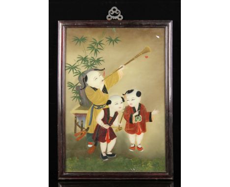 Chinese reverse painting on glass, depicting boys playing music instruments, 22" h x 16" w. 