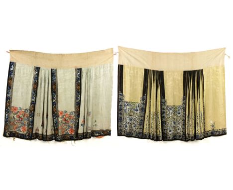 Two Chinese ladies' pleated skirts, one light green, with Fu & Shou pattern and blue flower design, 39 1/2" h, the other yell
