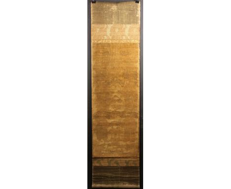 Chinese embroidery scroll, 16-17th century, depicting Laozi and four Chinese immortals in clouds, nine Zhu characters, with d