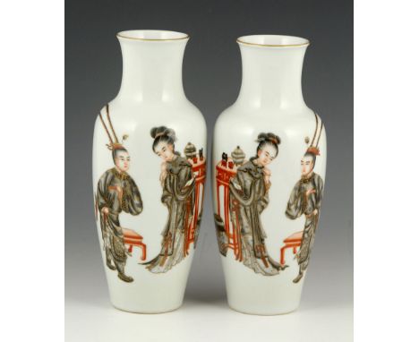 Pair of Chinese enamel glazed vases, early 20th century, decorated with figures from " A Dream in Red Mansions" and Chinese p