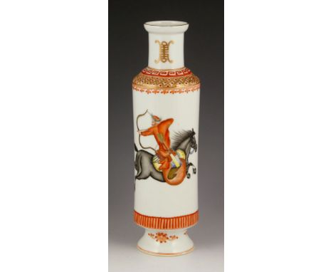 Chinese famille rose vase, 19-20th century, porcelain, decorated with hunting man on horse, Shou characters on neck, Jun Ren 