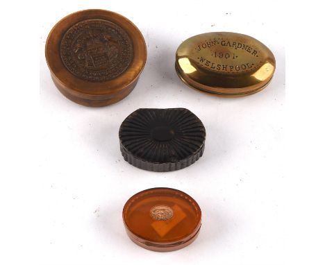 Four snuff boxes comprising ; an early 19th century horn box with impressed shield and moral verse to the circular lid, 7cm d