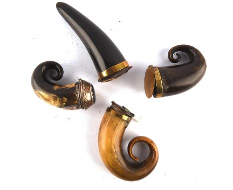 Four 18th century horn snuff mulls.  One with brass mounted hinged lid and inlaid agate, 11.5cm, another with silver plated m